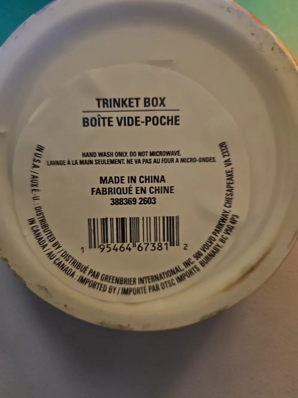 Ceramic Trinket Box – Boîte Vide‑Poche – Hand Wash Only – Greenbrier Internation